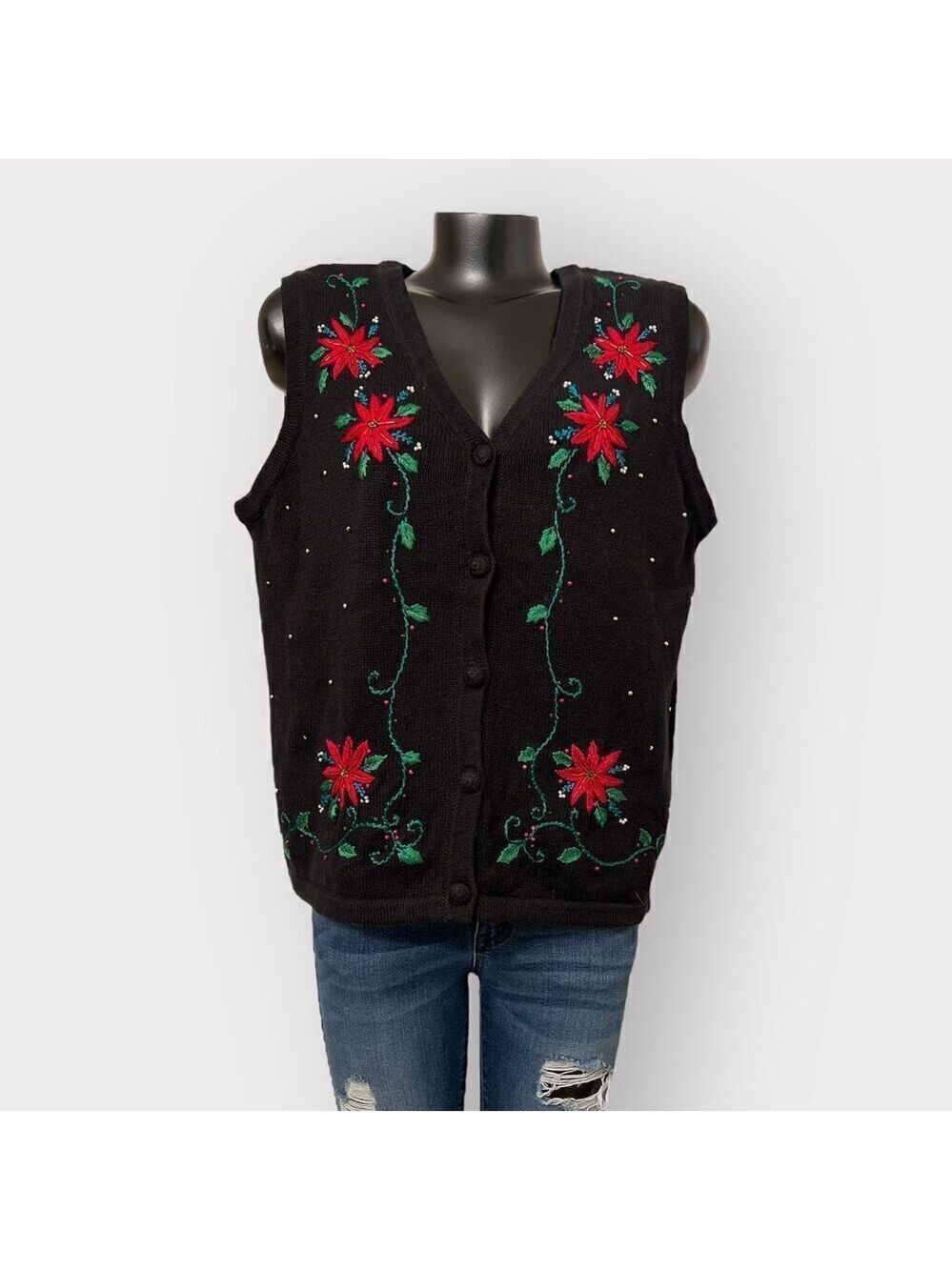 Sarah Bentley VTG Ugly Christmas Sweater Vest sz L Knit Top Holiday Poinsettia